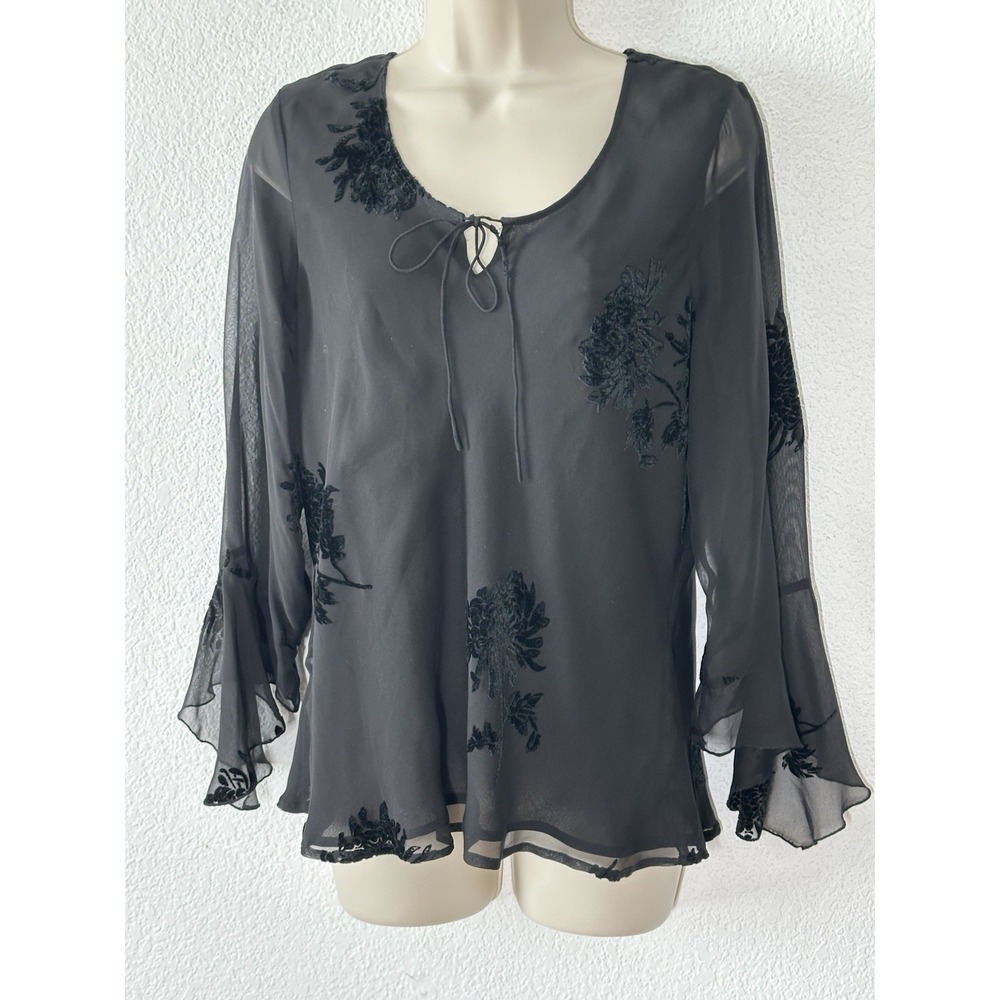 New York City Design Y2K  Black 100% Silk‎ Floral Flutter Sleeve Blouse Sz Large